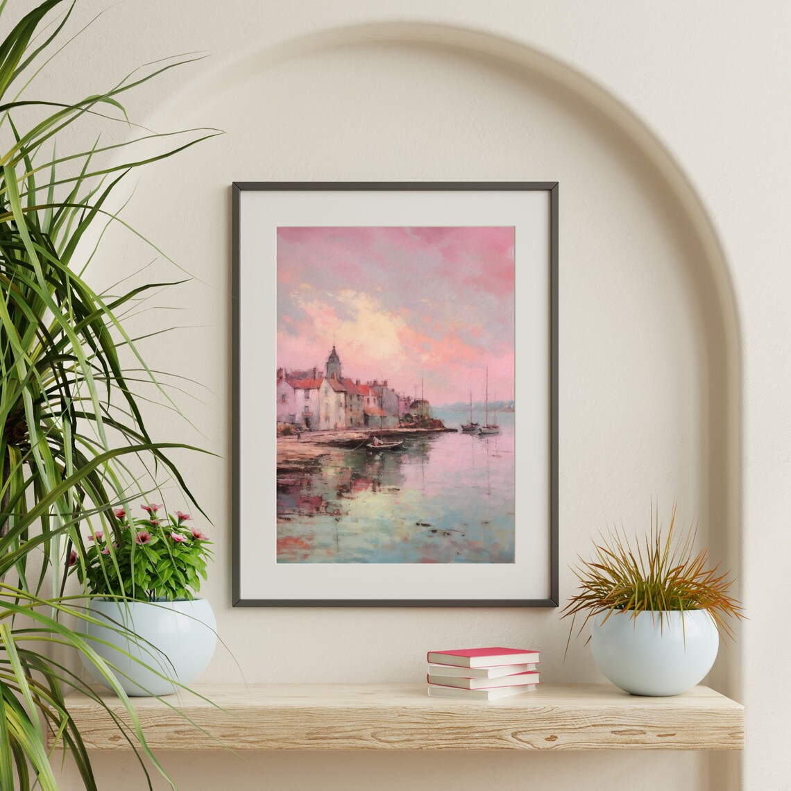Pastel Town Painting, Pink Coastal Landscape Art Print - Image 2