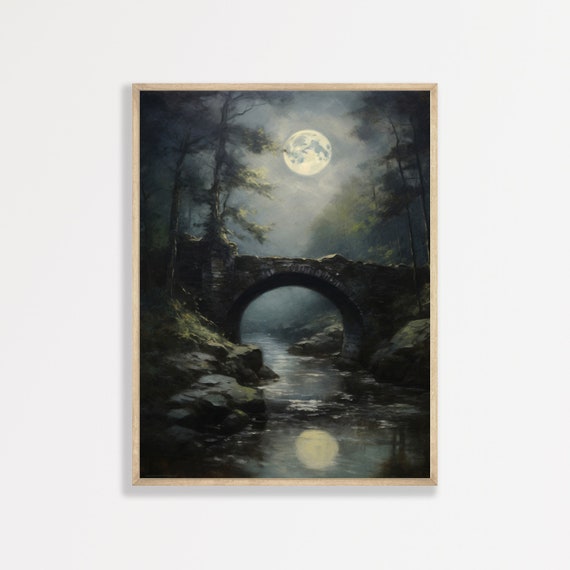 Moonlit Bridge Painting Moody Vintage Landscape Wall Art Antique Dark Academia Decor P 949