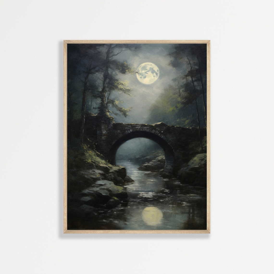 Stone Bridge Under Full Moon Night River Vintage Moody Wall Art