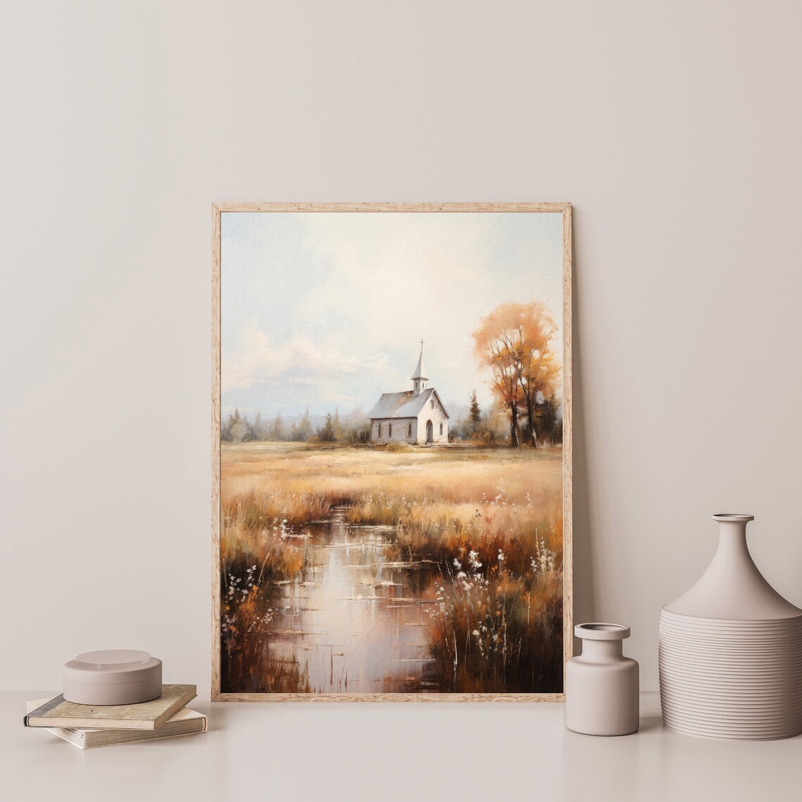 White Country Chapel Autumn Field Pond Reflection Peaceful Church Poster - Image 3
