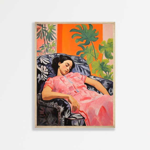 Woman Resting Floral Armchair Pink Dress Monstera Bold Interior Wall Art Print