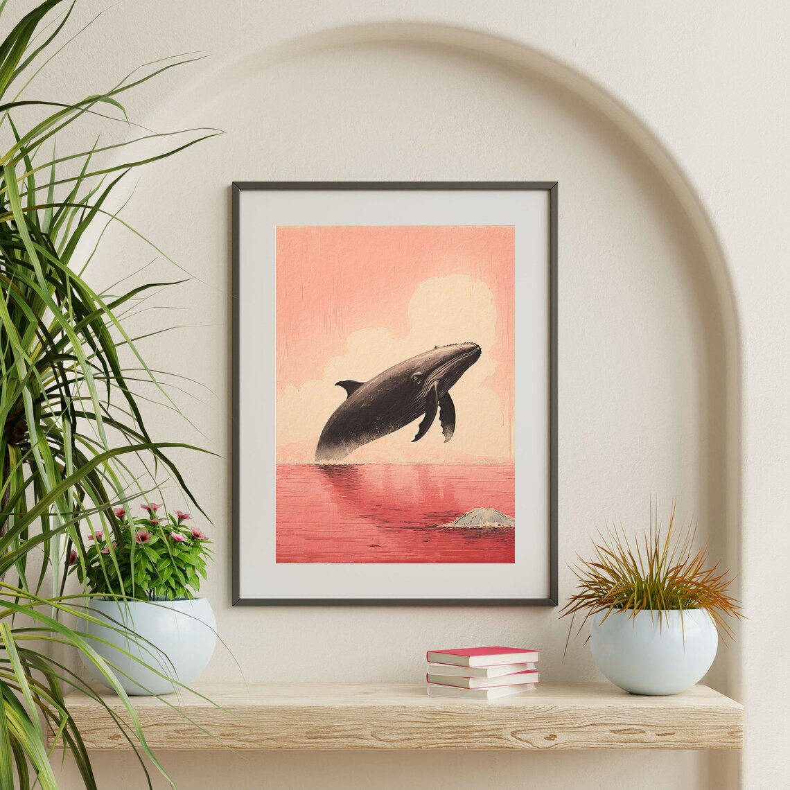 Breaching Whale Pink Sky Japanese Woodblock Ocean Wildlife Minimalist Poster - Image 2