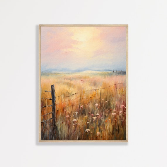Farm Pasture Print Vintage Moody Landscape Painting Antique Farmhouse Decor Rustic Cottage Wall Art P 665