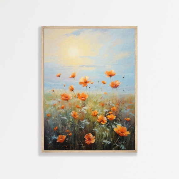 Orange Flowers Retro Floral Nursery Art Print