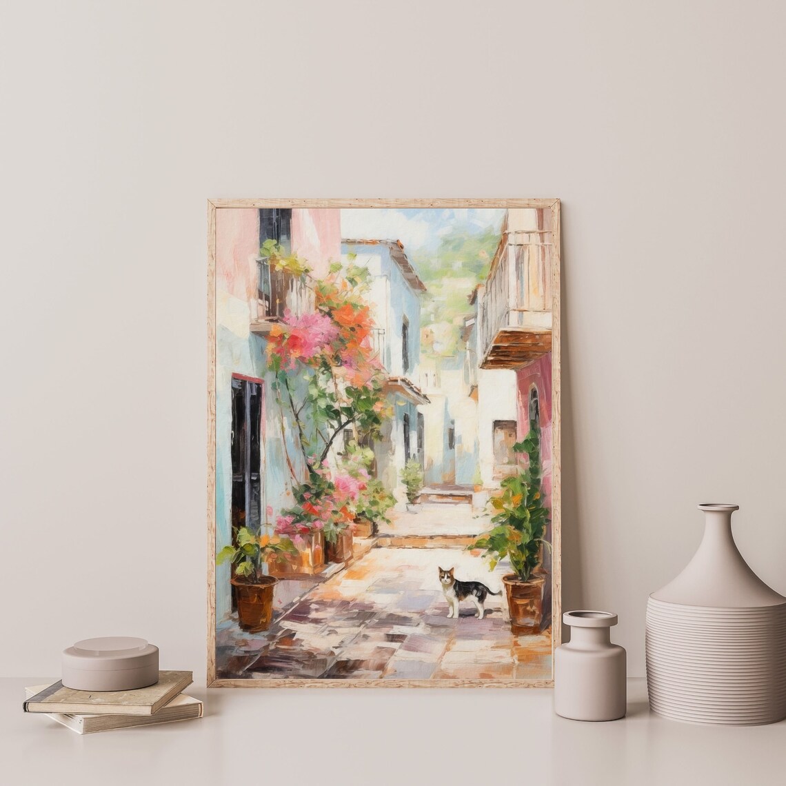 Cat Alleyway Retro Pastel European Art Print - Image 3