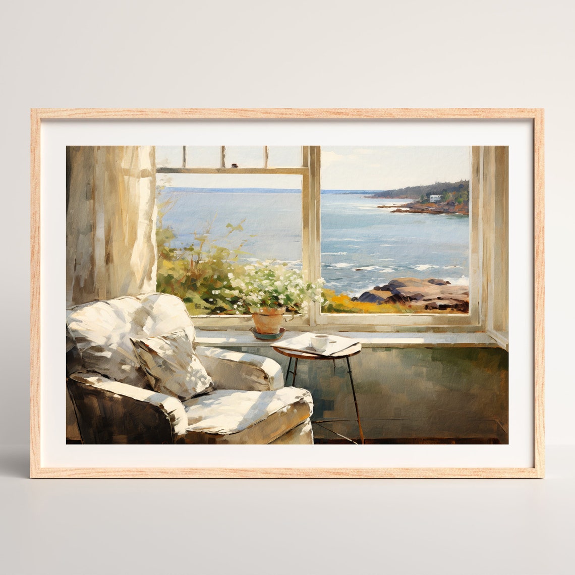 Sunlit Window Seat Armchair Overlooking a Rocky Coast View Poster - Image 2
