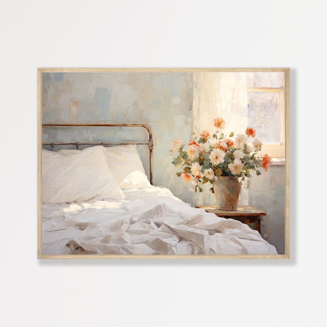 Sunlit Vintage Bedroom with White Linens and Fresh Flowers Wall Art