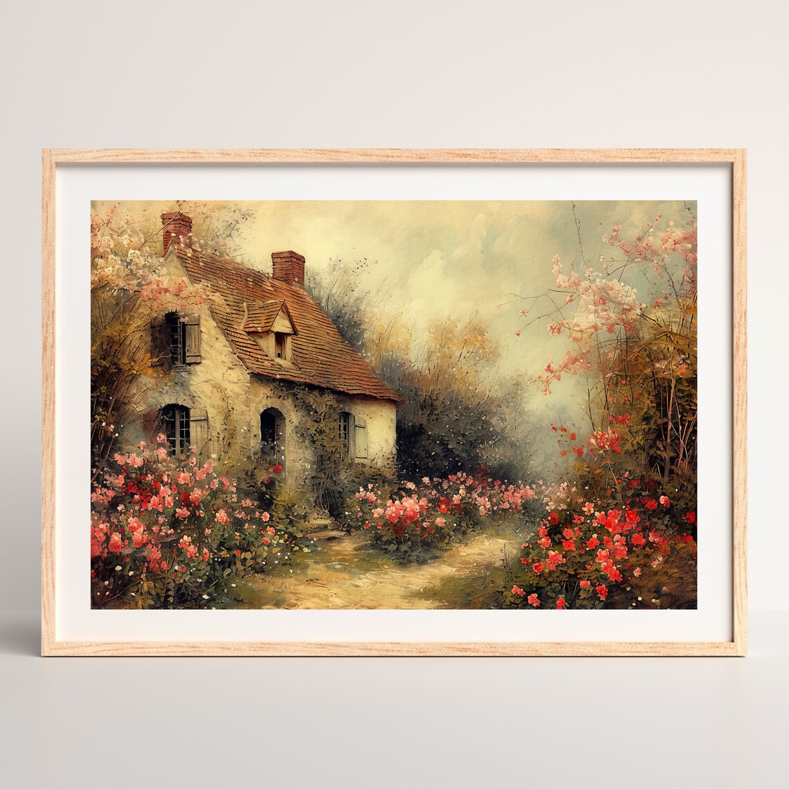 Vintage Stone Cottage Rose Garden Moody Countryside Art Poster - Image 2