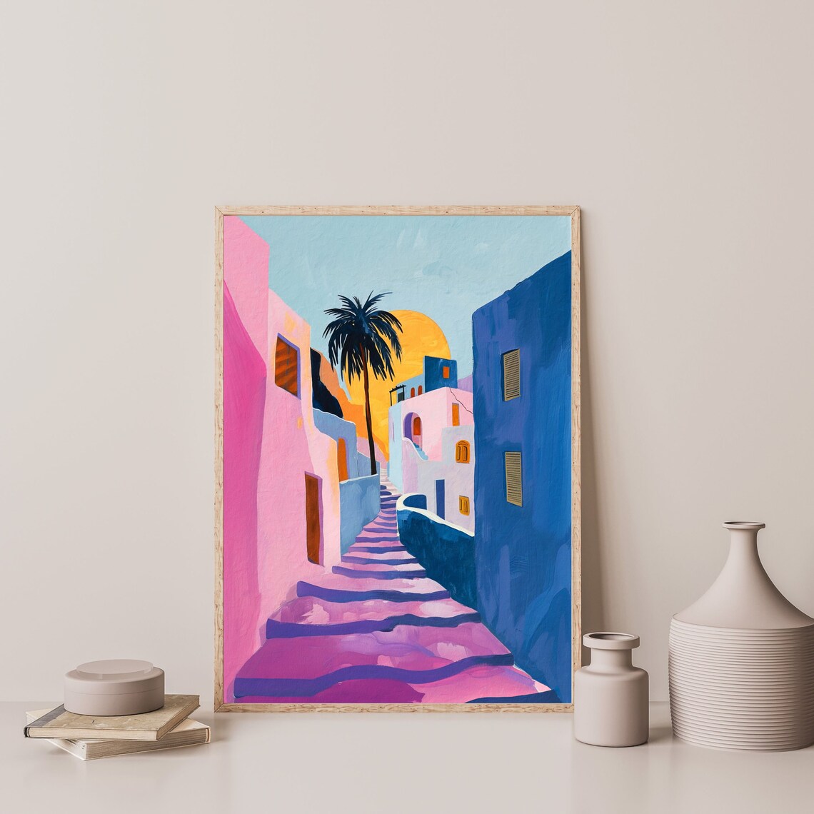 Greece Summer Street Pink Blue Buildings Palm Sunset Travel Poster - Image 3