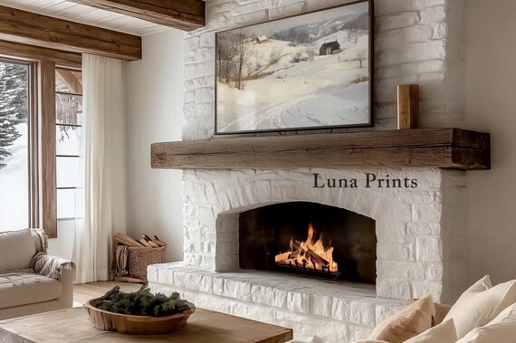Snowy Farmhouse Hillside Barns Vintage Winter Landscape Painting Poster