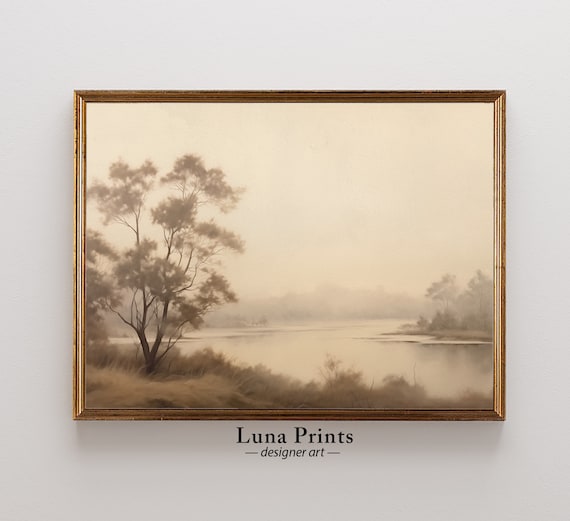 Muted Lake Landscape Art Print, Neutral Tones