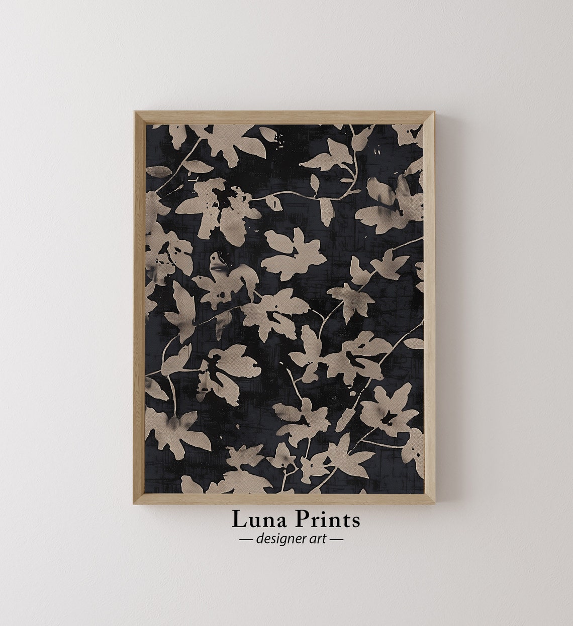 Beige Leaf Silhouettes on Dark Black Botanical Pattern Wall Art