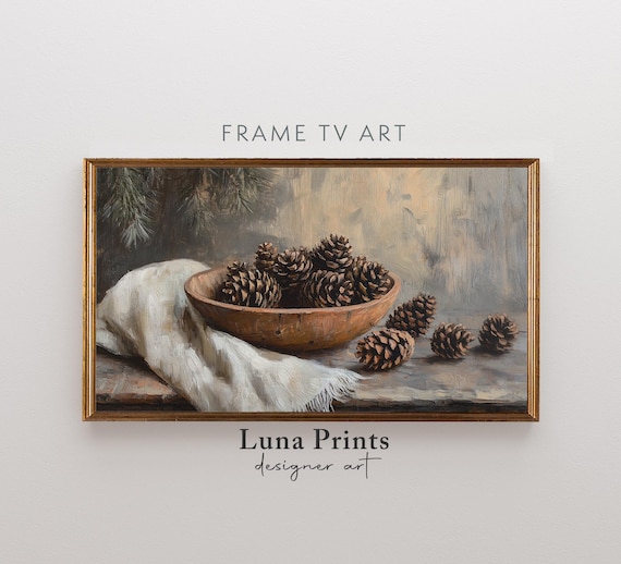 Rustic Pinecone Still Life Oil Painting Wooden Bowl Wall Art