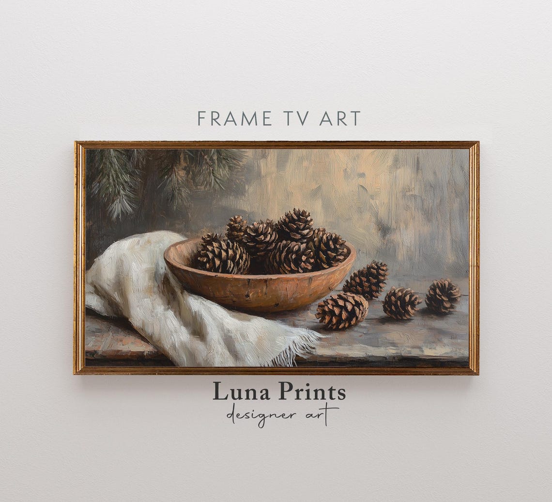Rustic Pinecone Still Life Oil Painting Wooden Bowl Wall Art