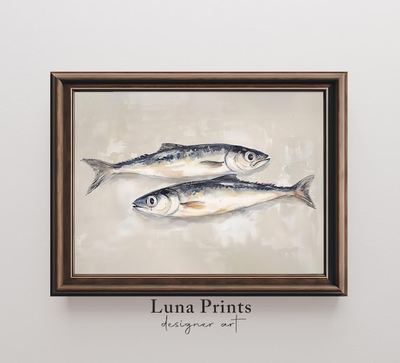 Sardine Painting Art Neutral Coastal Kitchen Vintage Watercolor Fish Wall Decor 11441