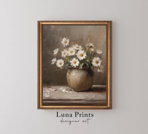 Neutral Spring Floral Painting Daisy Flowers Wall Decor Moody Print Art For Kitchen 11442