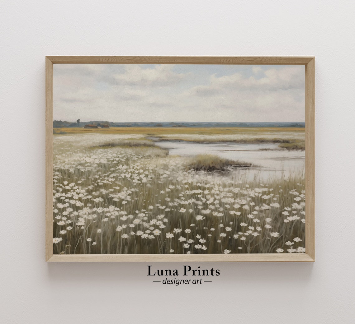 Wildflower Meadow White Daisies Winding Water Wide Sky Poster