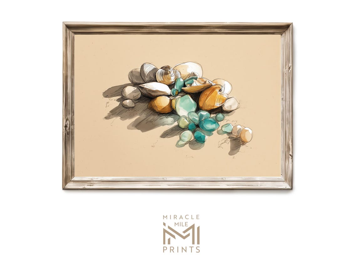 Delicate Seashells and Sea Glass Watercolor Study Coastal Art Poster