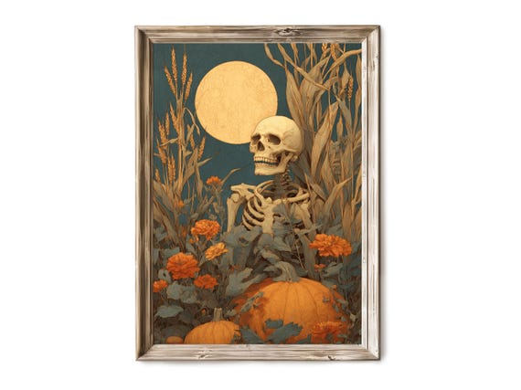 Halloween Wall Art Decor Skeleton In Pumpkin Patch Under Moonlight Spooky Fall Scene Rustic Vintage 284
