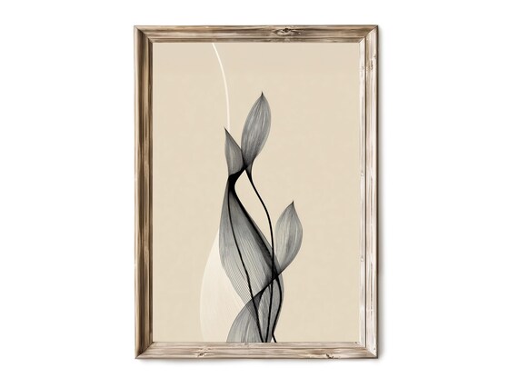 Black Ribbon Leaf Ink Drawing Beige Neutral Minimal Wall Art