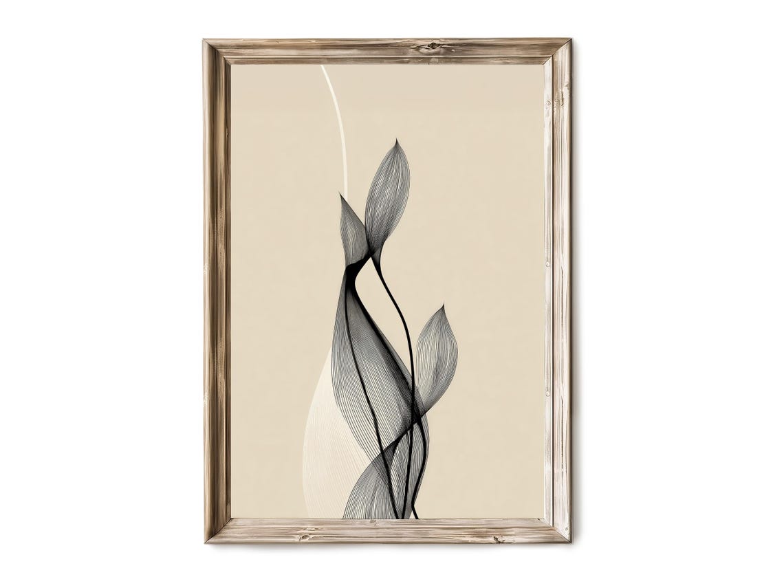Black Ribbon Leaf Ink Drawing Beige Neutral Minimal Wall Art