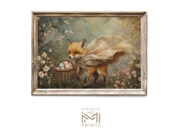 Storybook Fox Wall Art Vintage Oil Painting Spring Whimsical Easter Nursery Decor For Home Farmhouse