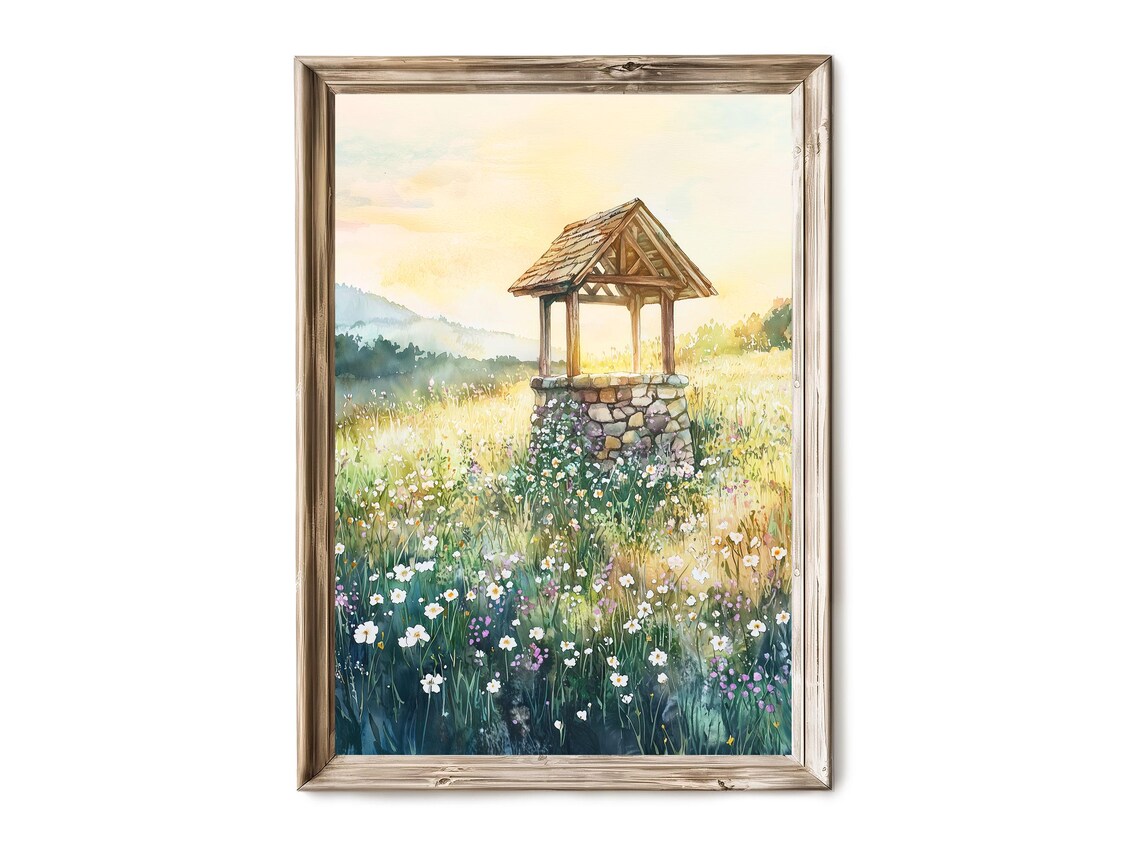 Spring Wildflower Meadow Stone Wishing Well Watercolor Wall Art