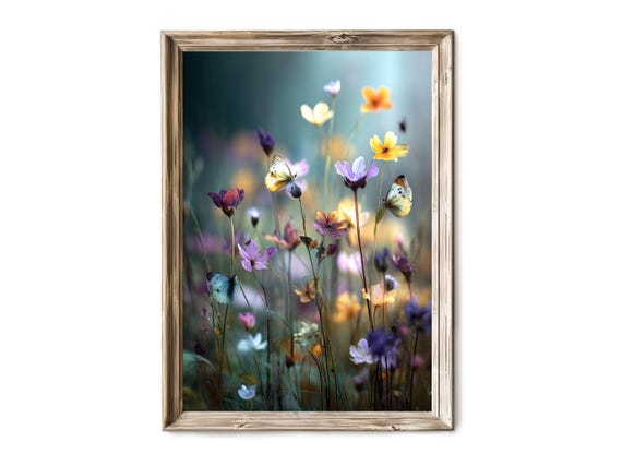 Vintage Botanical Field Wall Art Butterflies Over Wildflowers Rustic Garden Decor Floral Artwork 45
