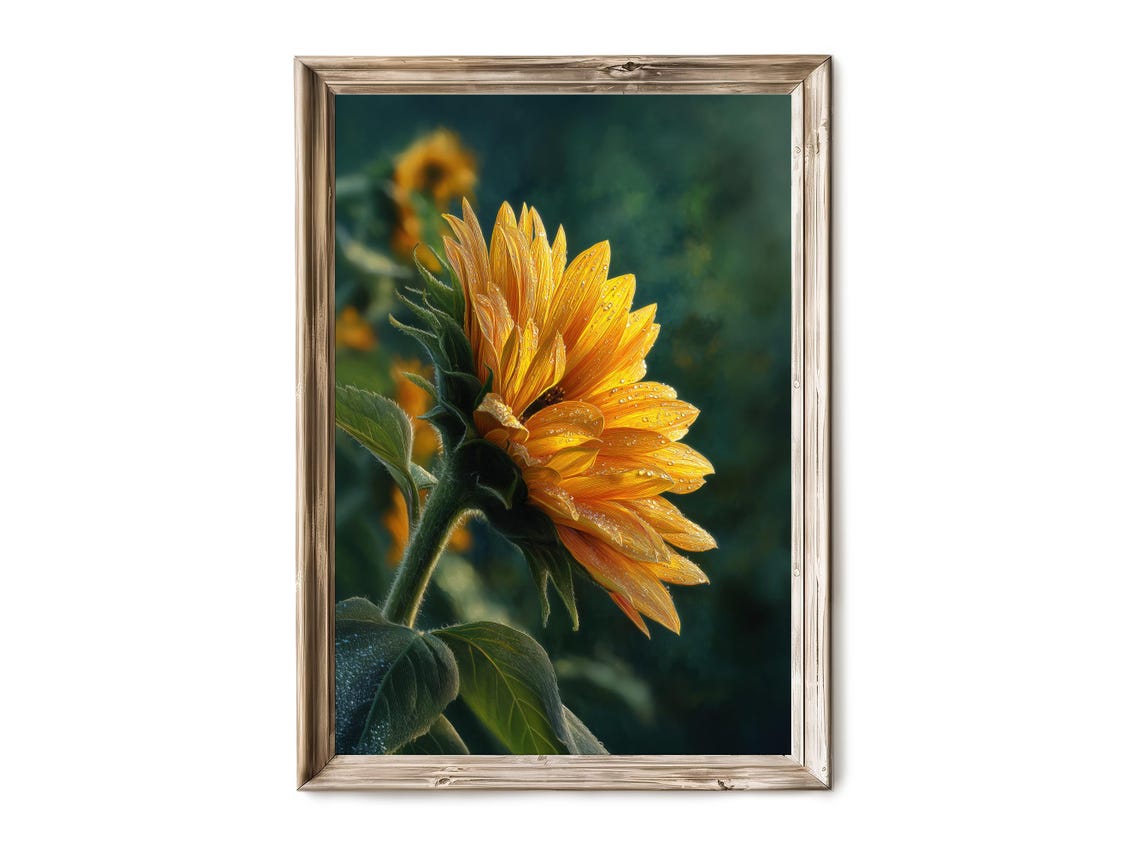 Sunflower Backlit Petals Dew Drops Moody Garden Botanical Poster