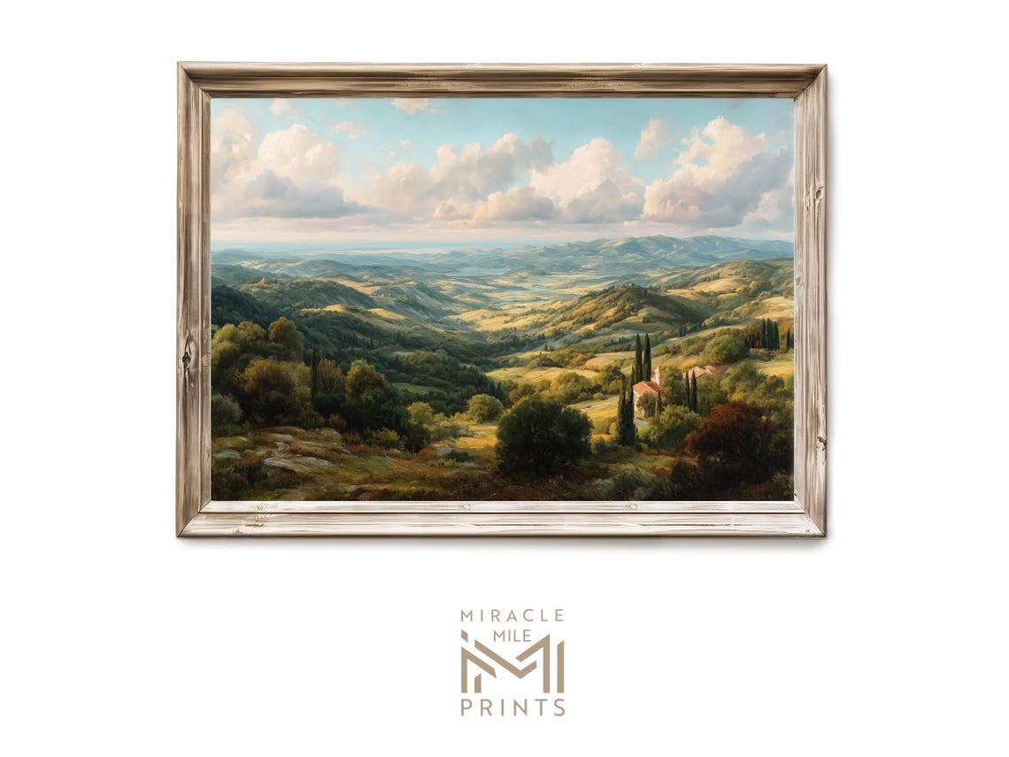 Sunlit Rolling Hills Cypress Trees Farmhouse Valley Art Poster