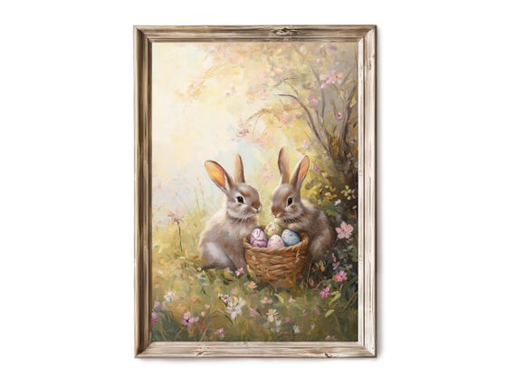 Easter Wall Art Rustic Bunnies Storybook Oil Painting Desaturated Spring Decor For Nursery Farmhouse Cottage
