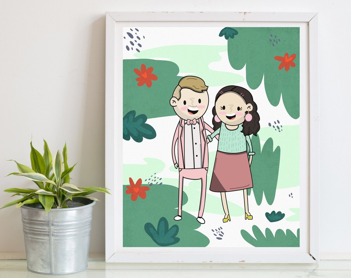 Custom Cartoon Couple Portrait on Tropical Green Leaf Background Poster