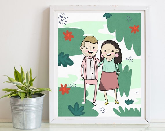 Custom Cartoon Couple Portrait on Tropical Green Leaf Background Poster