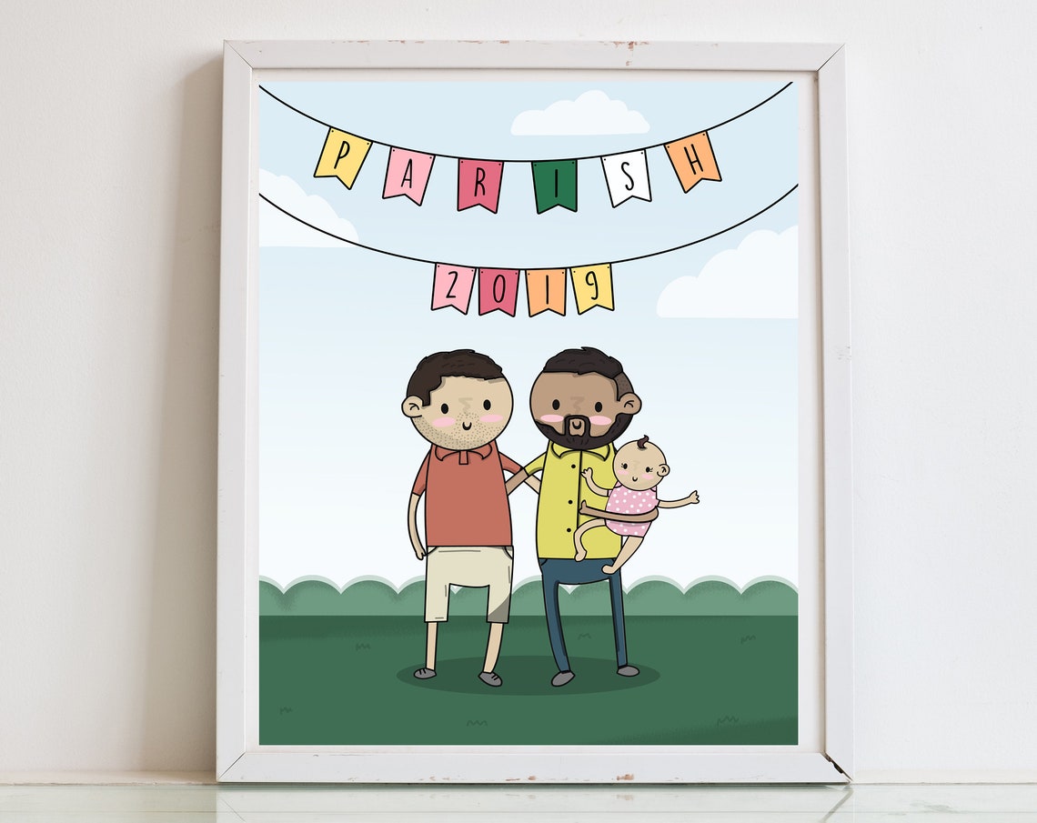 Personalized Cartoon Two Dads With Baby Under PARISH Bunting Poster