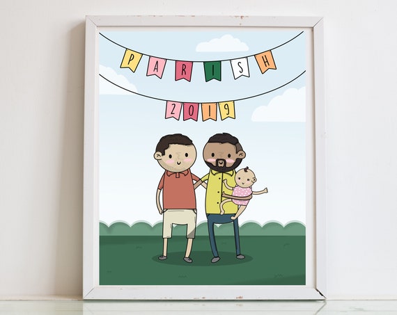 Personalized Cartoon Two Dads With Baby Under PARISH Bunting Poster