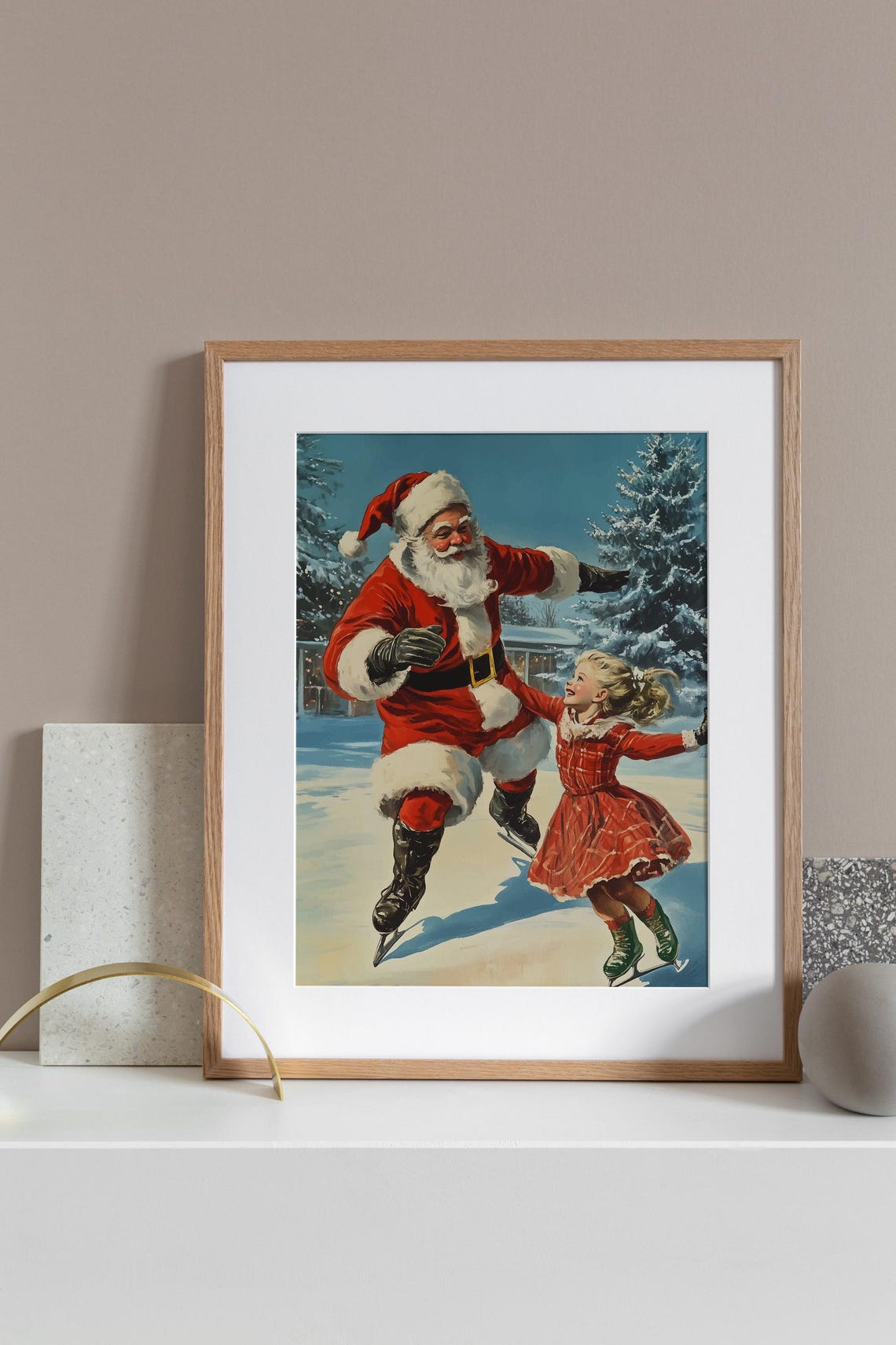 Santa Claus And A Little Girl Ice Skating Art Vintage Painting Retro Christmas Poster Winter Wall Art Light Academia Decor Holiday Print - Image 2