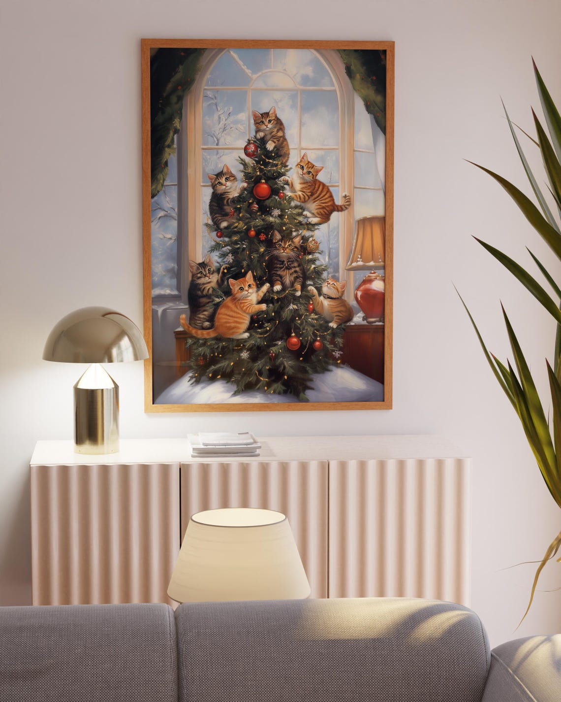 Playful Kittens Climbing a Decorated Christmas Tree Painting Art Print - Image 3