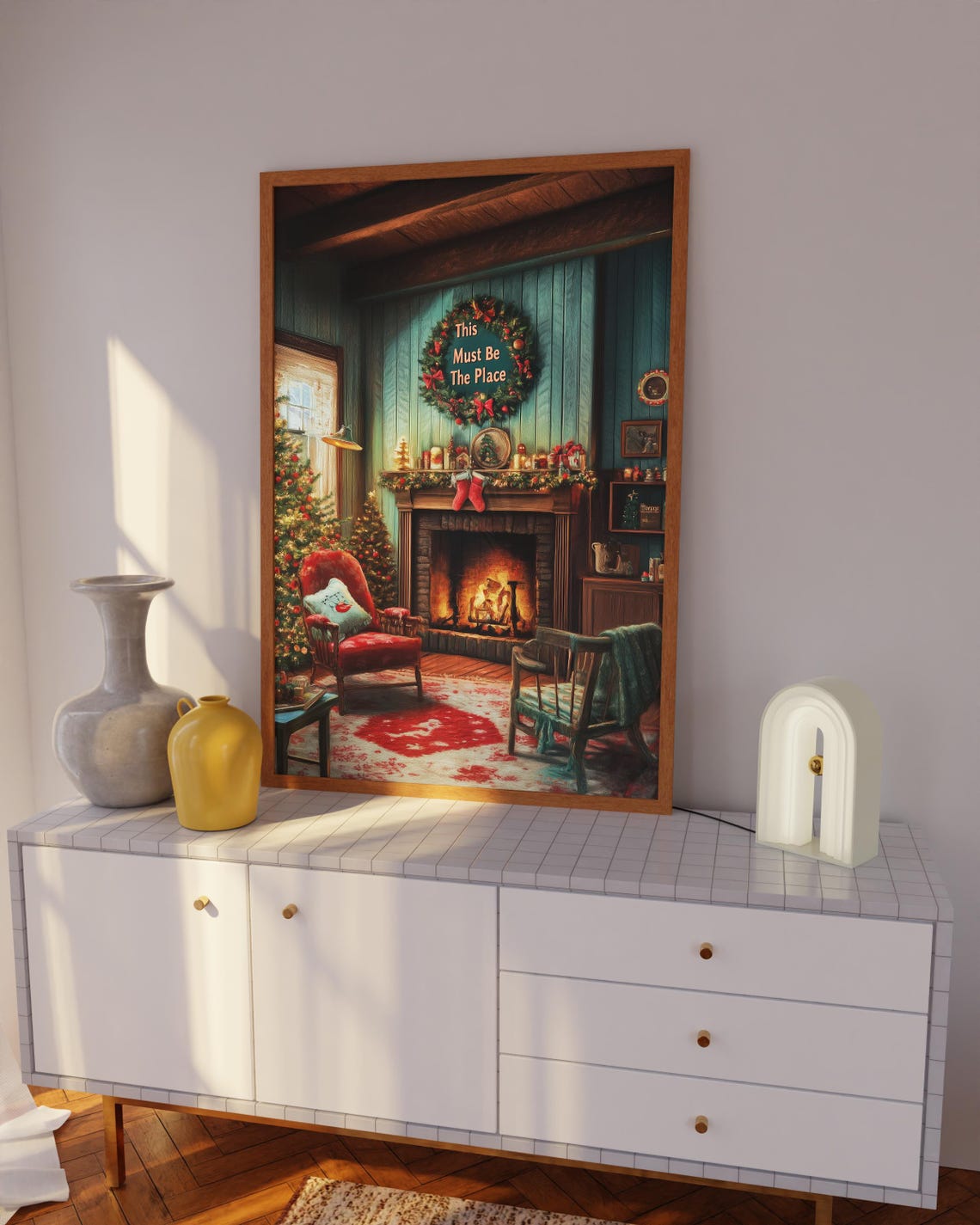 This Must Be The Place Christmas Fireplace Wreath Scene Poster - Image 3
