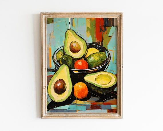 Retro Avocado Painting Art Colorful Fruit Still Life Print Vintage Kitchen Still Life Painting Mid Century Modern Wall Art