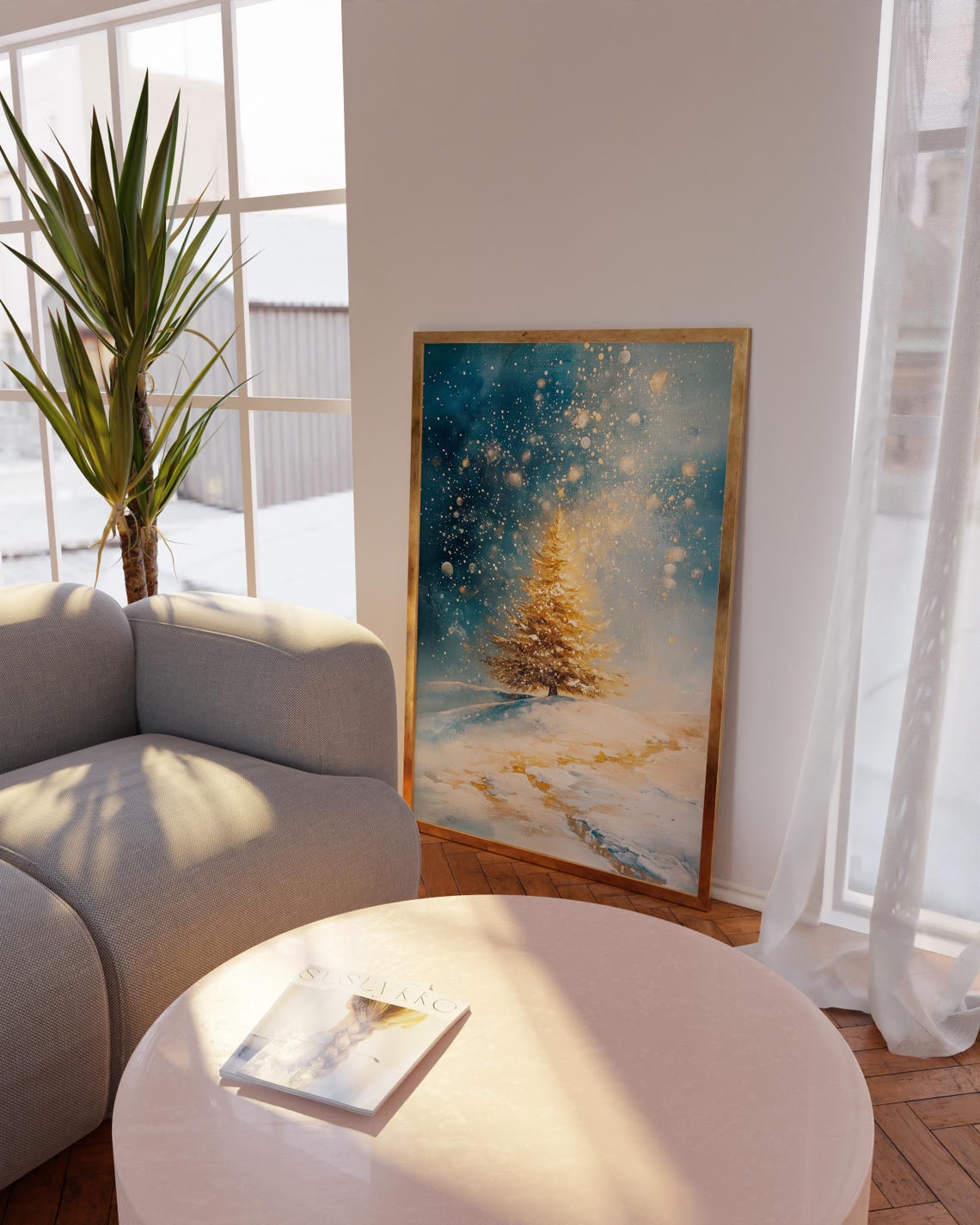 Golden Christmas Tree in a Snowy Winter Wonderland Painting Art Print - Image 2