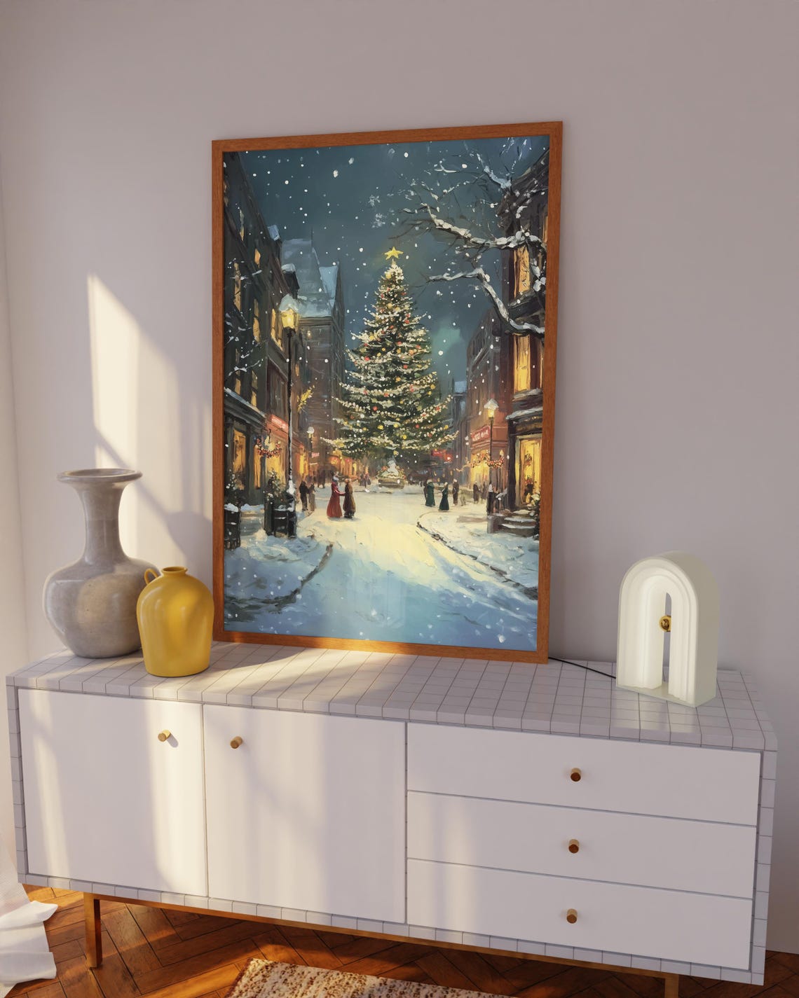 Victorian Christmas Street Snowy Night Lit Tree Vintage Poster - Image 3
