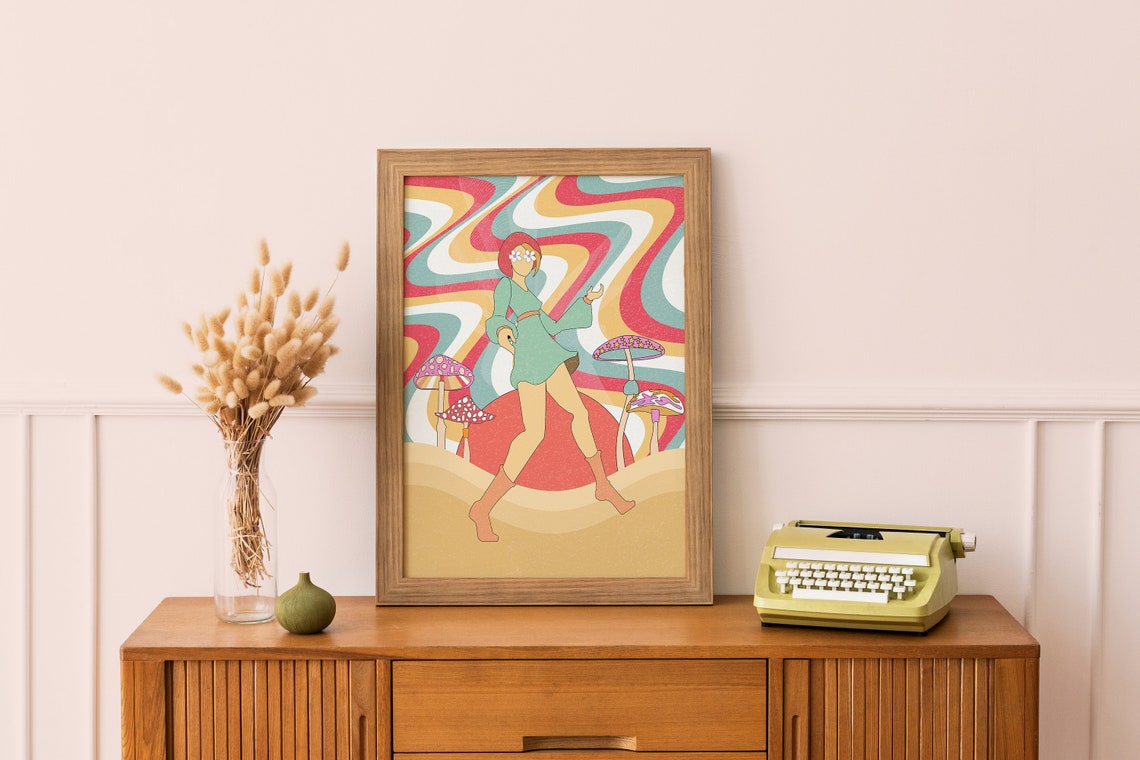 70s Psychedelic Print Retro Aesthetic Poster Flower Child Poster Mushroom Poster Hippie Girl Art 70s Wall Art Mushroom Woman Colorful - Image 3