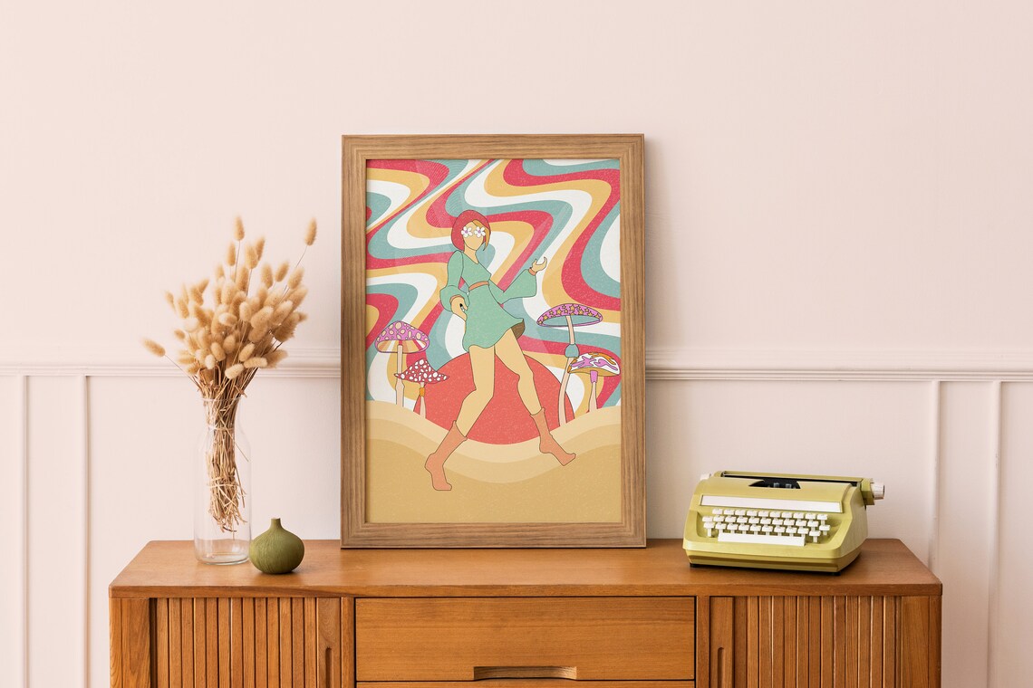Psychedelic Flower Child Dancing Mushroom Garden Groovy Girl Wall Art - Image 3