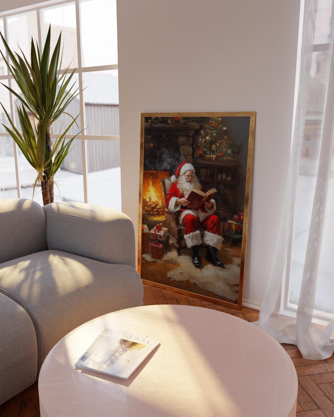 Santa Claus Reading By Fireplace Vintage Christmas Scene Poster - Image 2