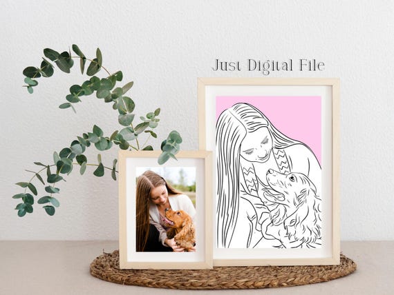 Custom Line Portrait Of Owner And Pet Digital Download Canvas Wall Art