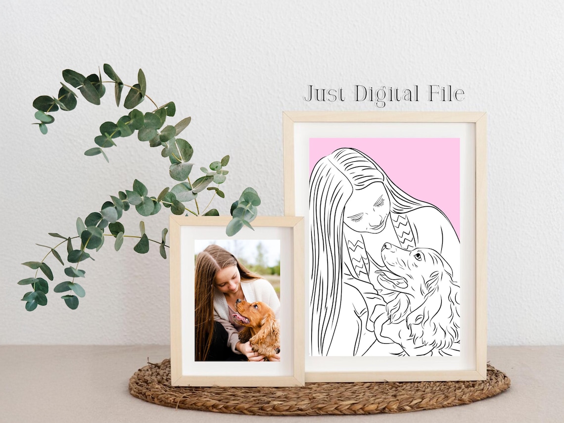 Custom Line Portrait Of Owner And Pet Digital Download Canvas Wall Art