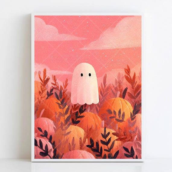 Cute In Pumpkin Field Wall Art Halloween Whimsical Autumn Print Harvest Patch Painting Spooky Nursery Fall