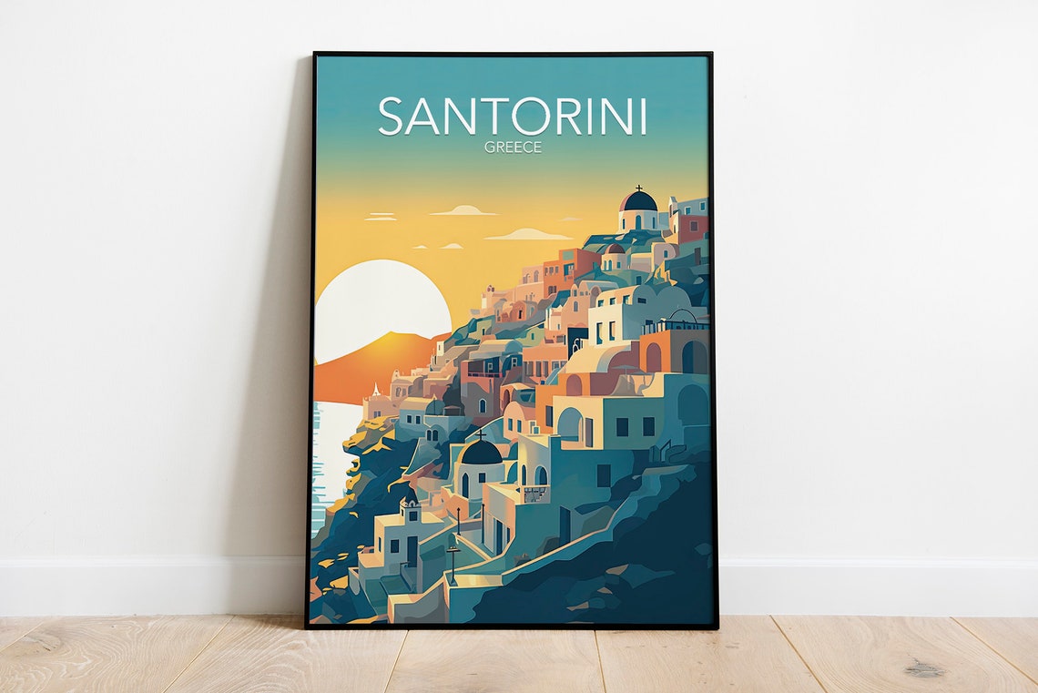 Santorini Greece Sunset Whitewashed Cliffside Houses Travel Poster