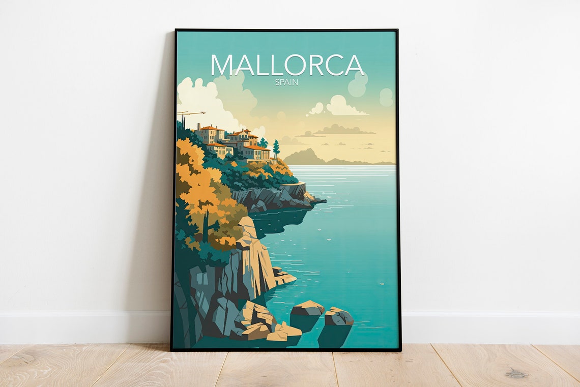 Mallorca Spain Coastal Cliffs Seaside Villas Sunset Travel Poster - Image 2