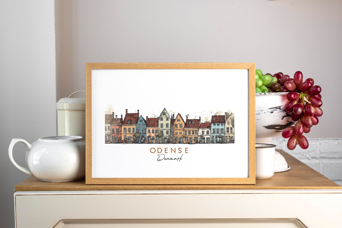 Odense Denmark Colorful Old Town Street Houses Ink Art Poster - Image 3